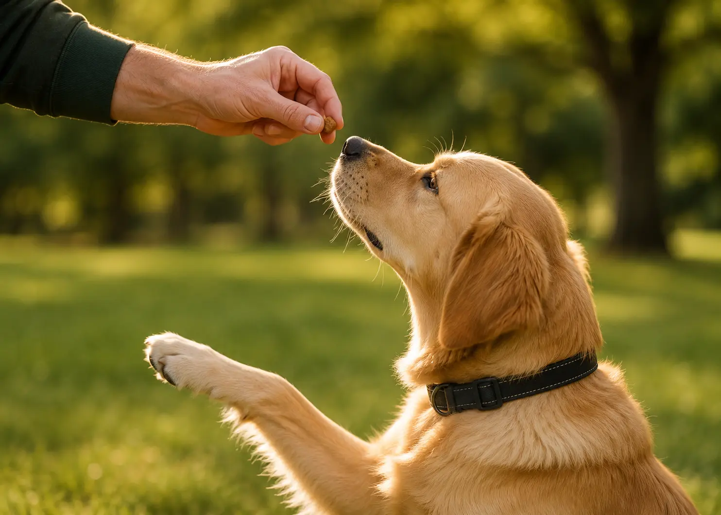 Rewarding a dog with a treat during a training session