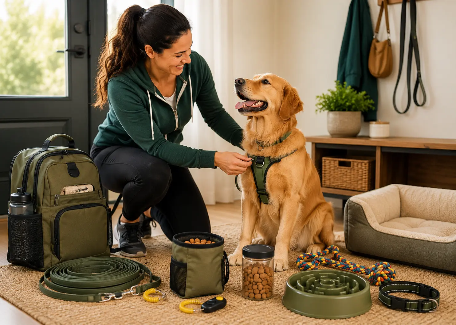 Dog training tools and gear laid out at home