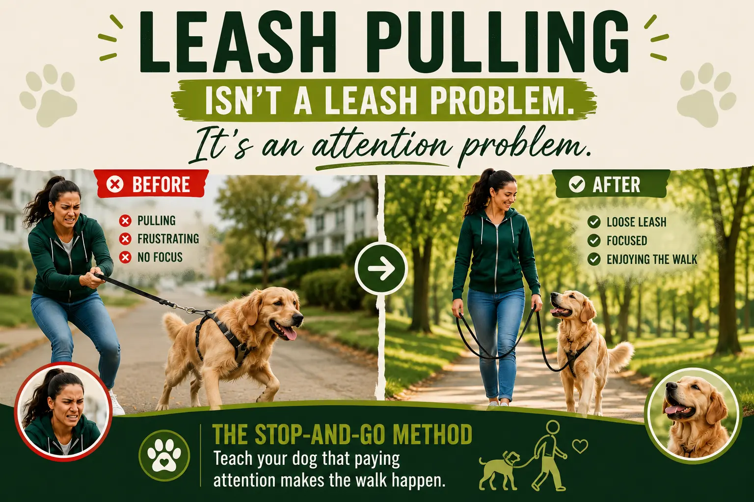 Leash Pulling Isn't A Leash Problem — It's An Attention Problem: before/after comparison and the Stop-and-Go Method