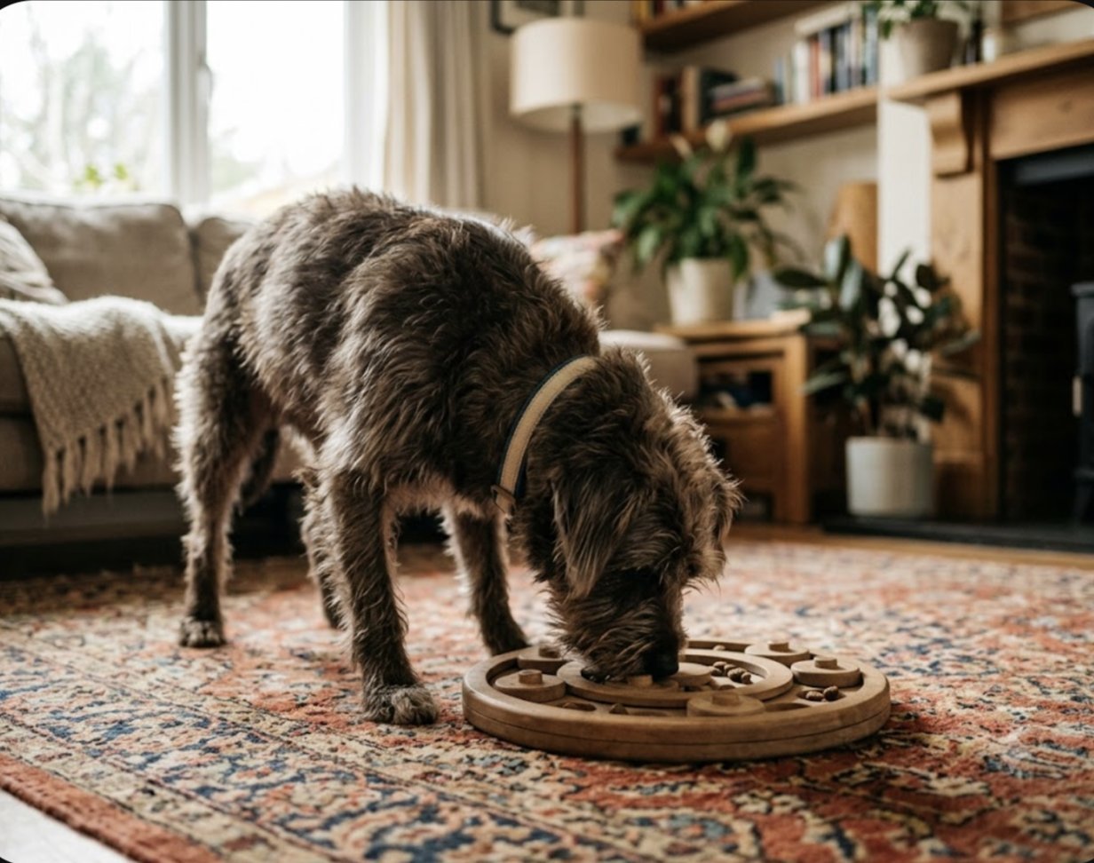 Dog working a wooden puzzle feeder on a living room rug