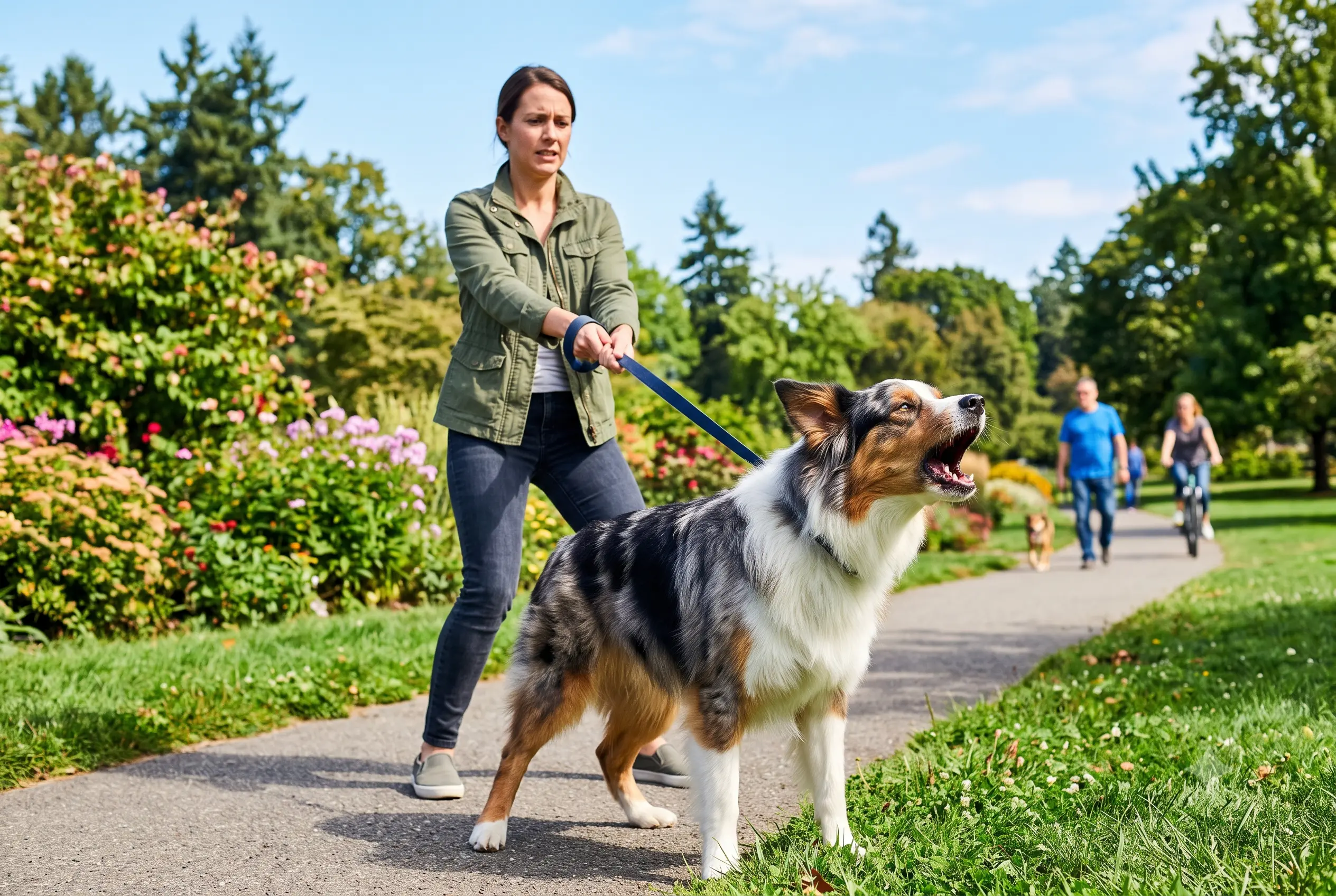 Leashed dog barking and lunging toward a distant trigger during a walk, owner holding the leash
