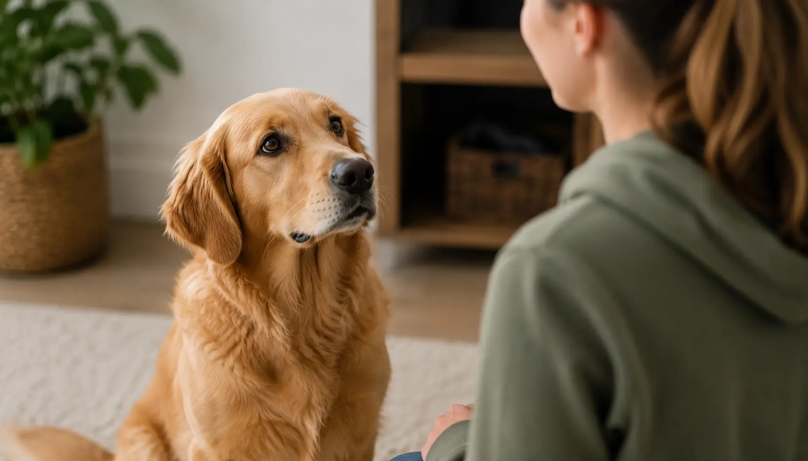 Calm, focused dog making eye contact with its owner