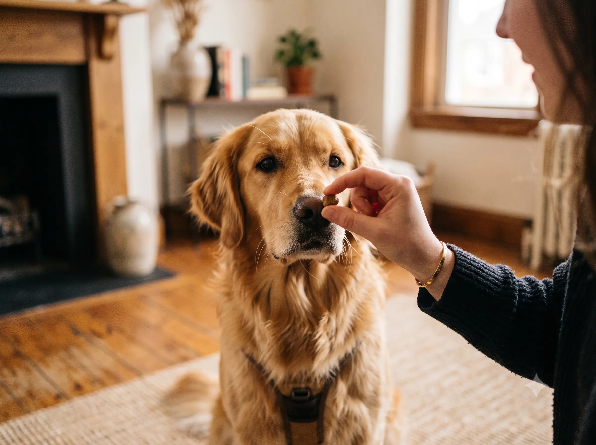 Person feeding small dogs training treats outdoors